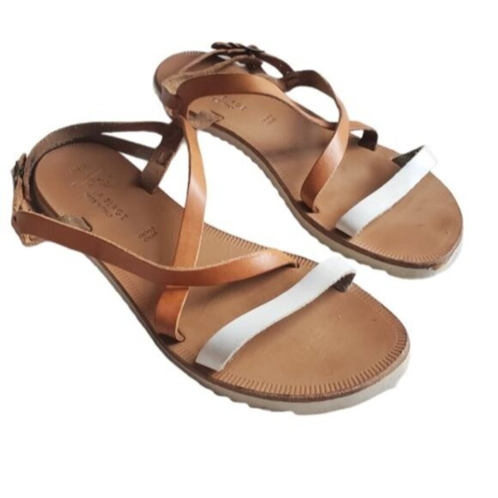 JOIE A LA PLAGE Womens Sandals Size 39.5 US 9 Socoa Leather Brown‎ White Buckles